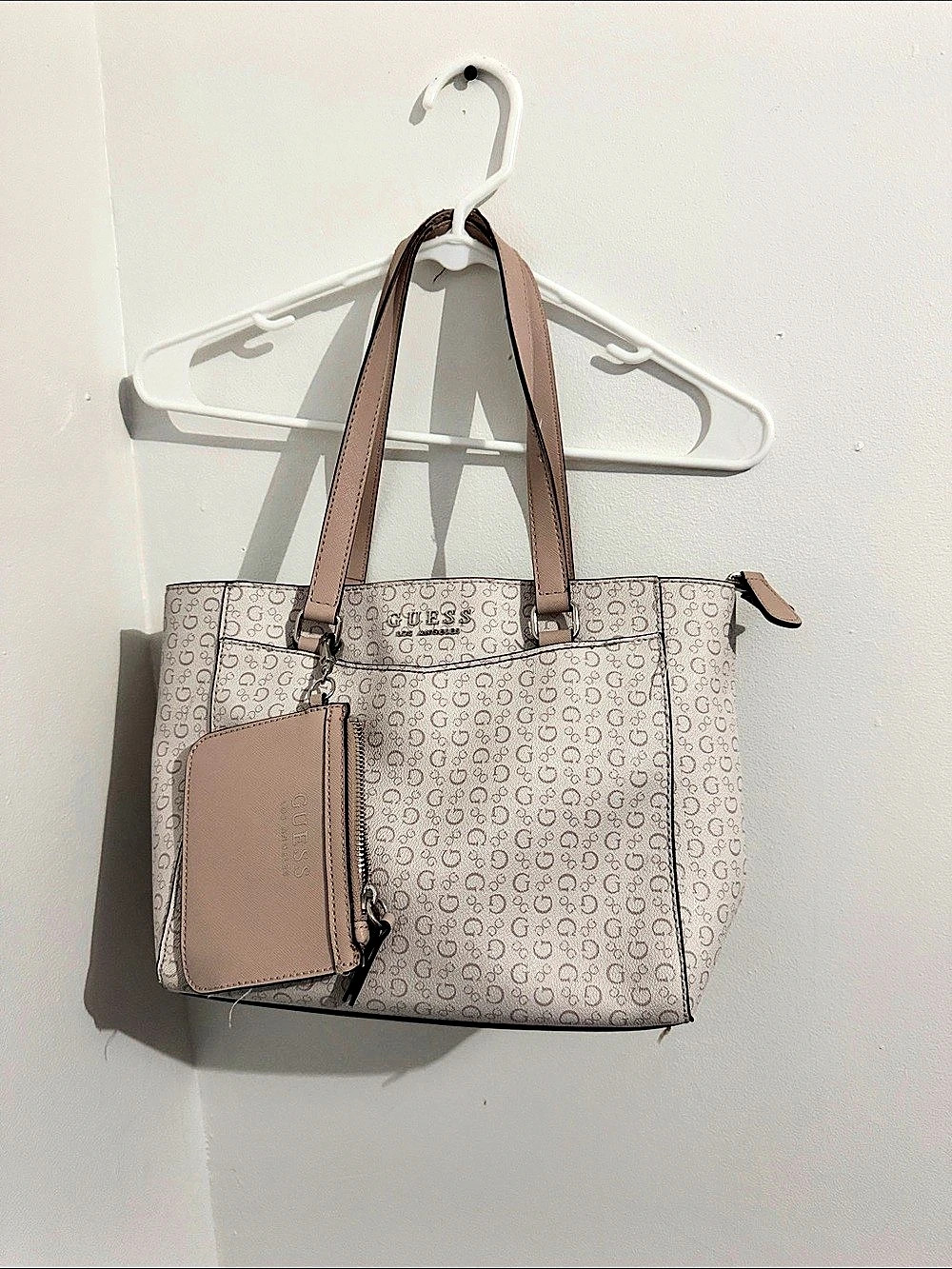GUESS Monogram Tote in Pink & White